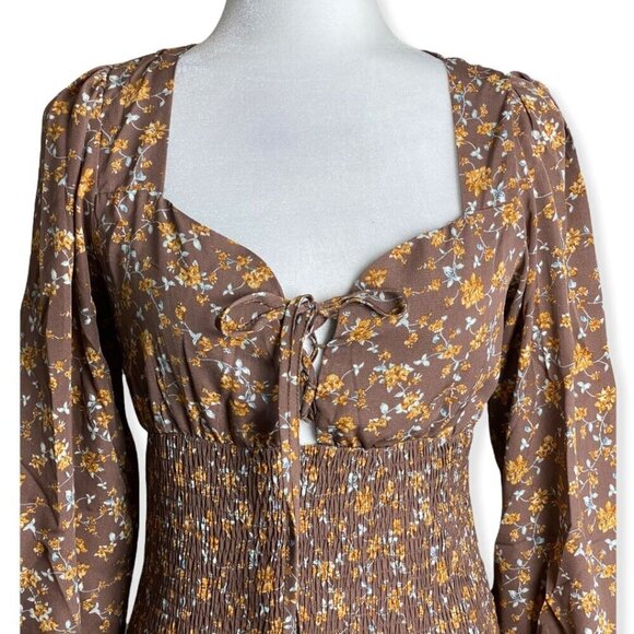 DNT NEW $219 Smocked Mini Dress in Brown Cottagecore Boho Festival Women's Sz M - Picture 3 of 7